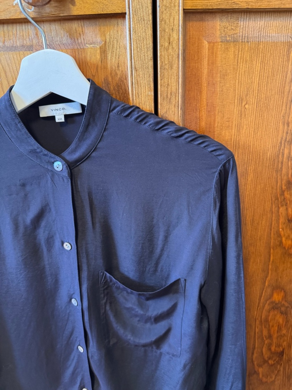 Vince Navy Satin-Look Button Neck Blouse XXS